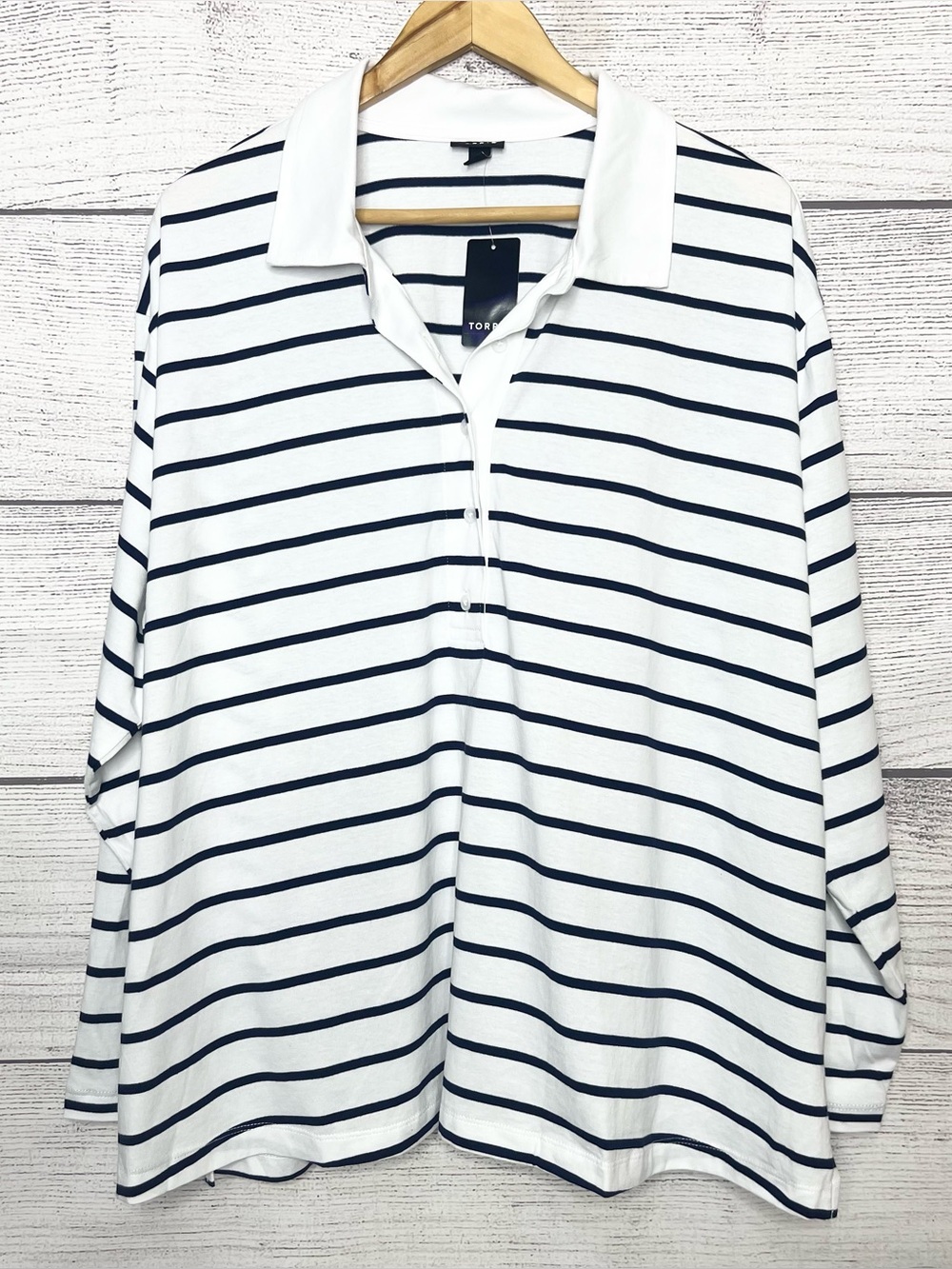 NWT Torrid Cotton Collared Long Sleeve Top White & Navy Peacoat Stripe Size 2X